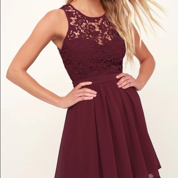 Burgundy mini skater lace dress, homecoming, wedding guest, prom - Picture 1 of 5